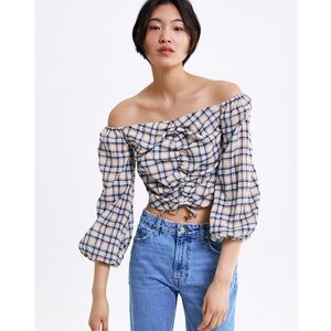Zara Checkered Off-Shoulder Blouse - Beige and Navy